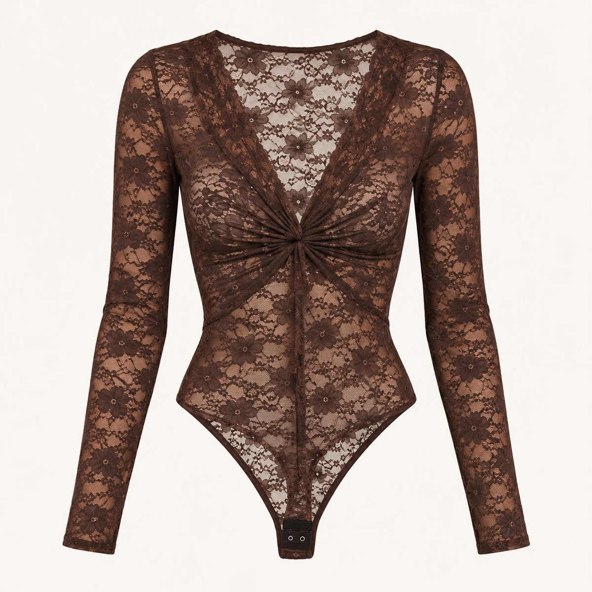 Sheer Lace Twist-Front Bodysuit in Brown, product view