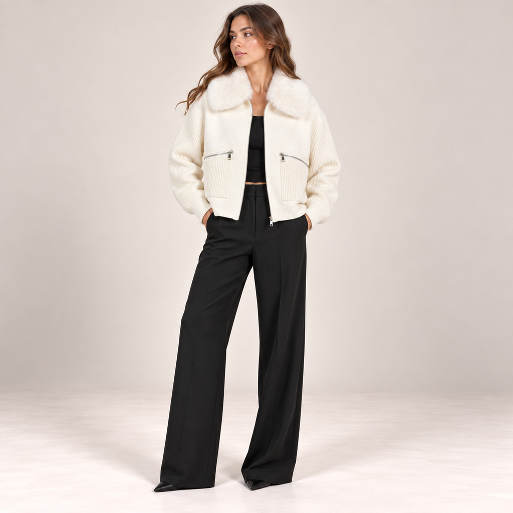 Faux Fur Collar Knit Jacket