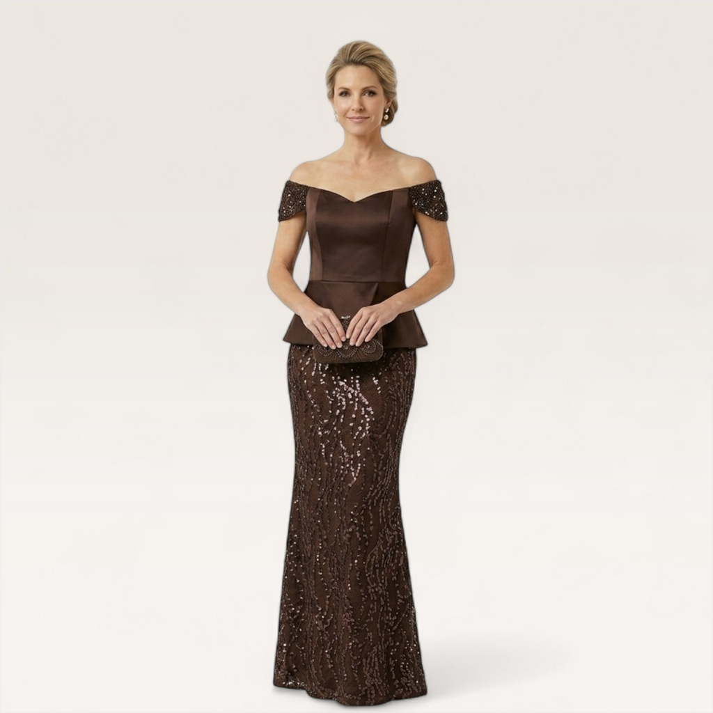 Elegant Off-Shoulder Peplum Lace Gown