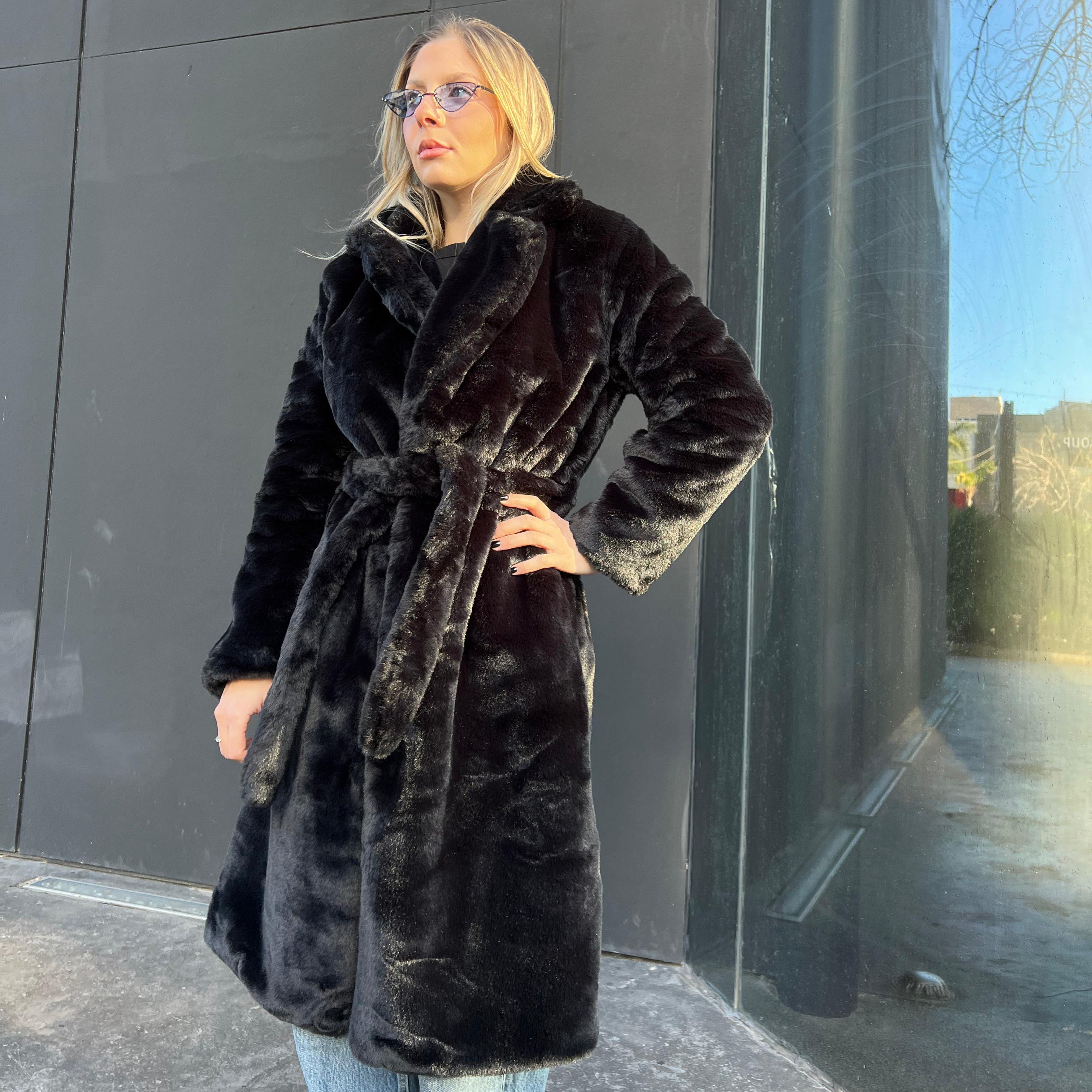 Belted long faux fur coat
