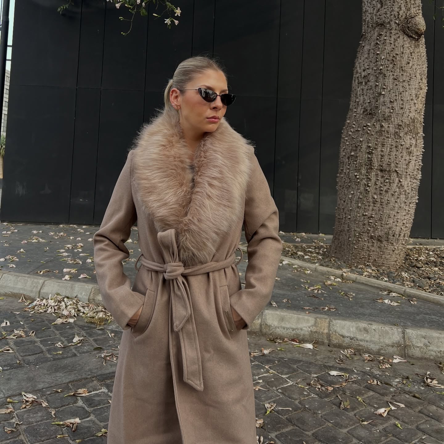 Long coat with faux fur collar