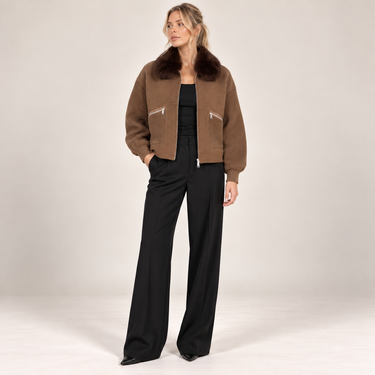 Faux Fur Collar Knit Jacket