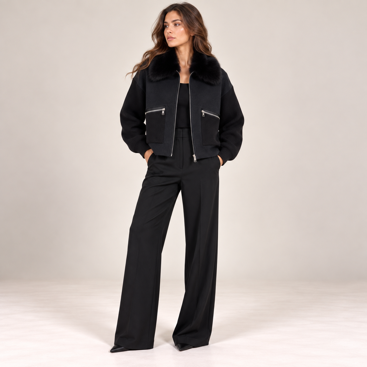 Faux Fur Collar Knit Jacket