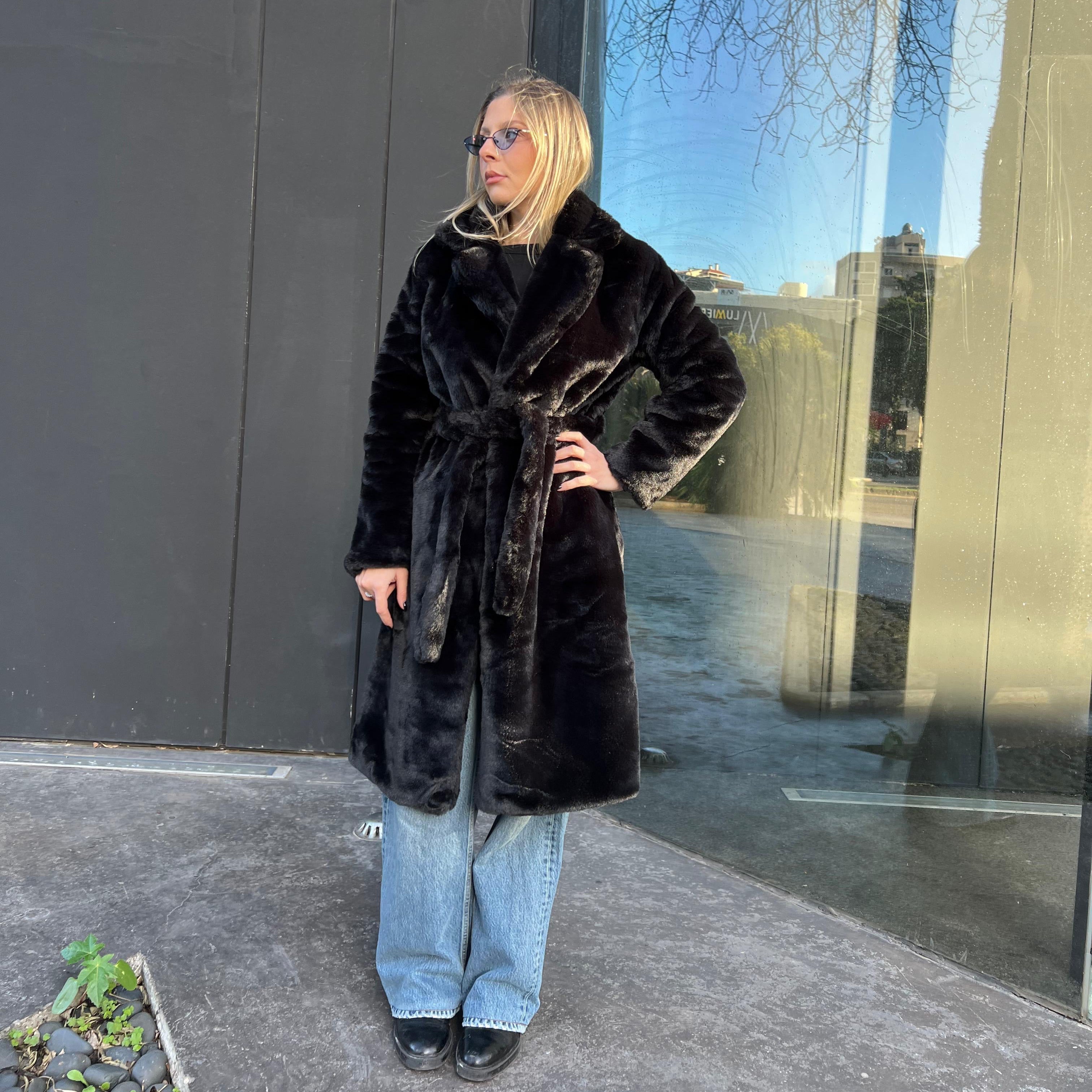 Belted long faux fur coat