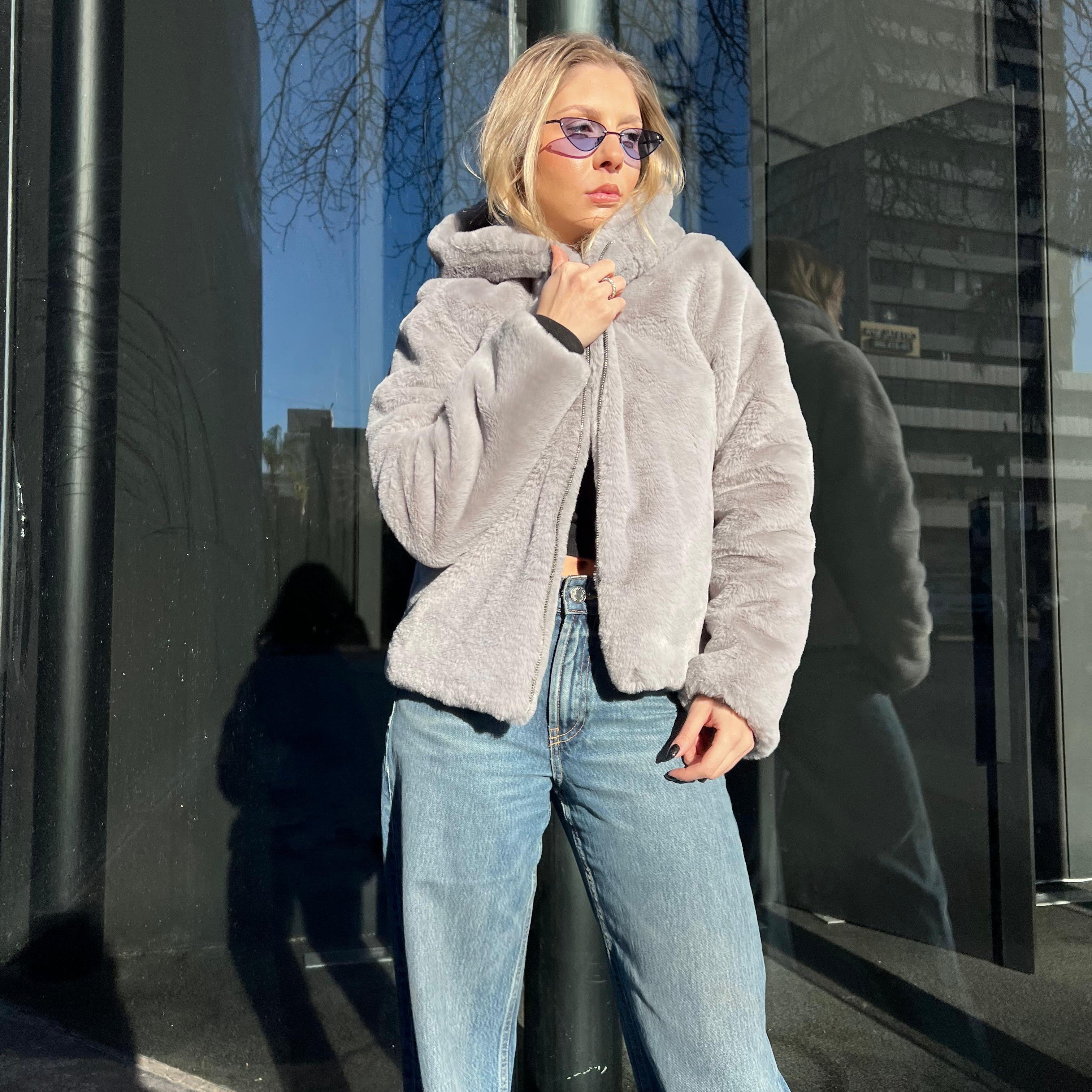 Grey faux fur zip-up jacket with hood