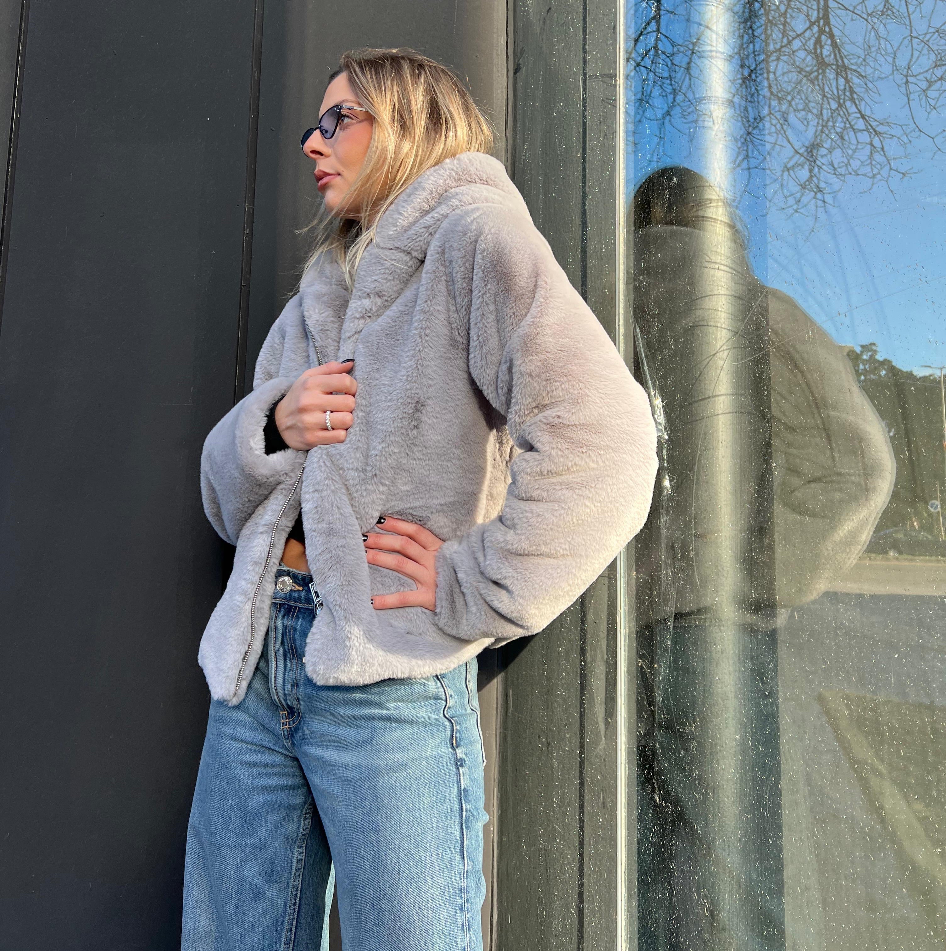 Grey faux fur zip-up jacket with hood