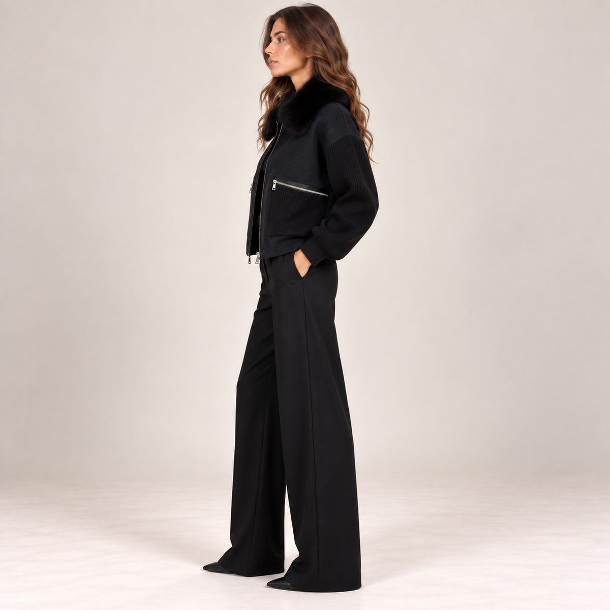 Faux Fur Collar Knit Jacket