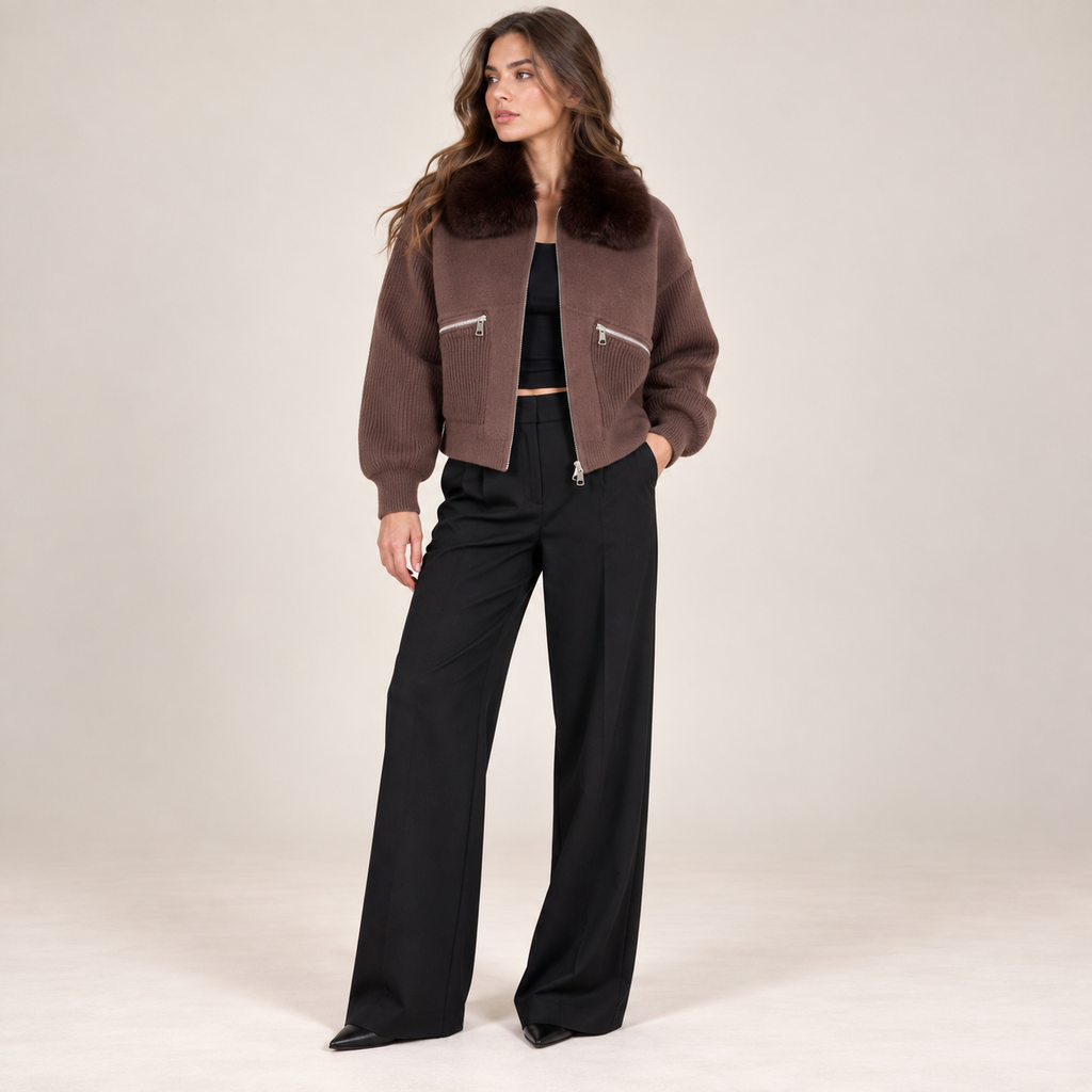 Faux Fur Collar Knit Jacket