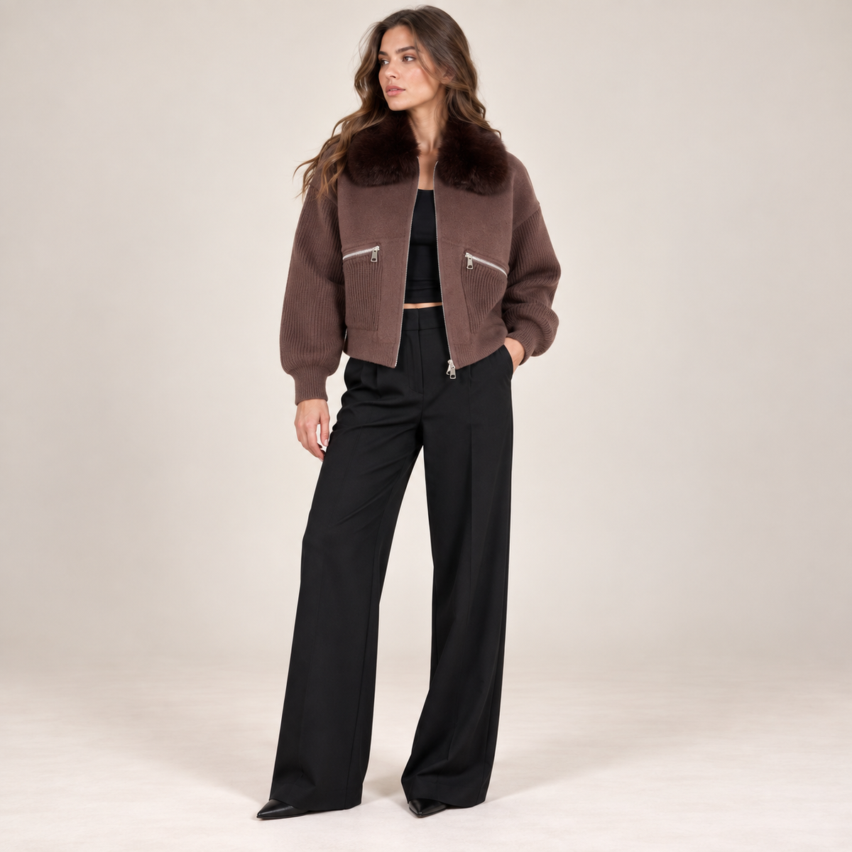 Faux Fur Collar Knit Jacket
