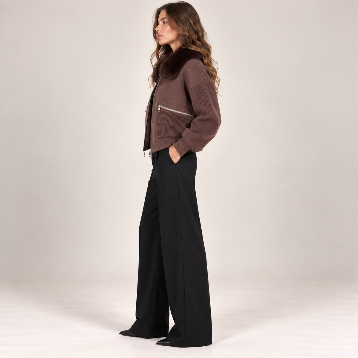 Faux Fur Collar Knit Jacket