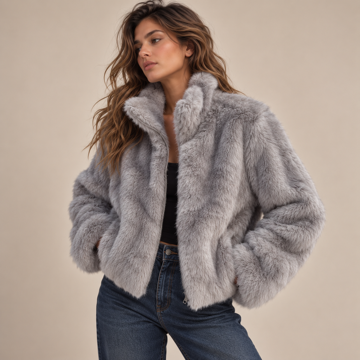 Cropped Faux Fur Zip-Up Jacket