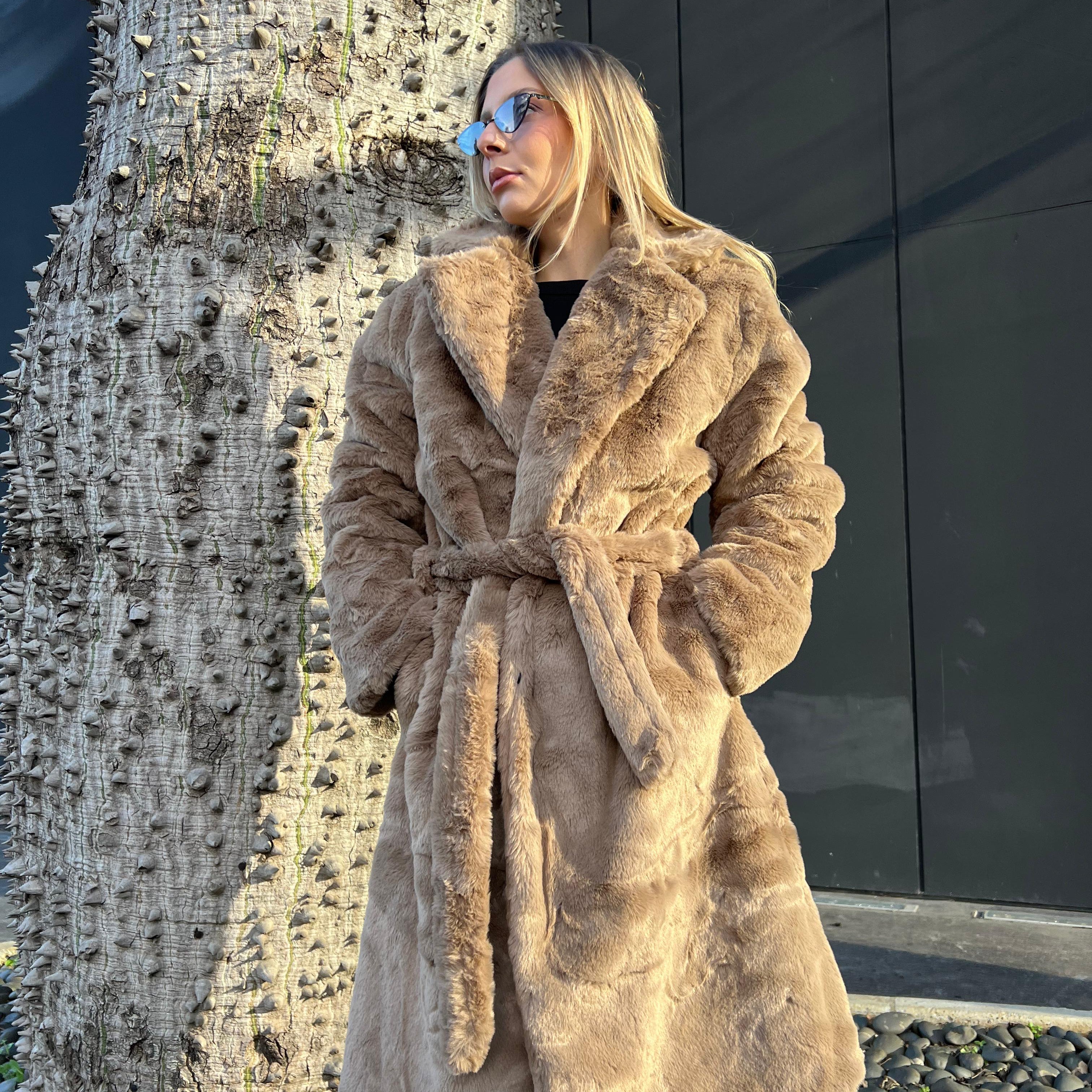 Belted long faux fur coat