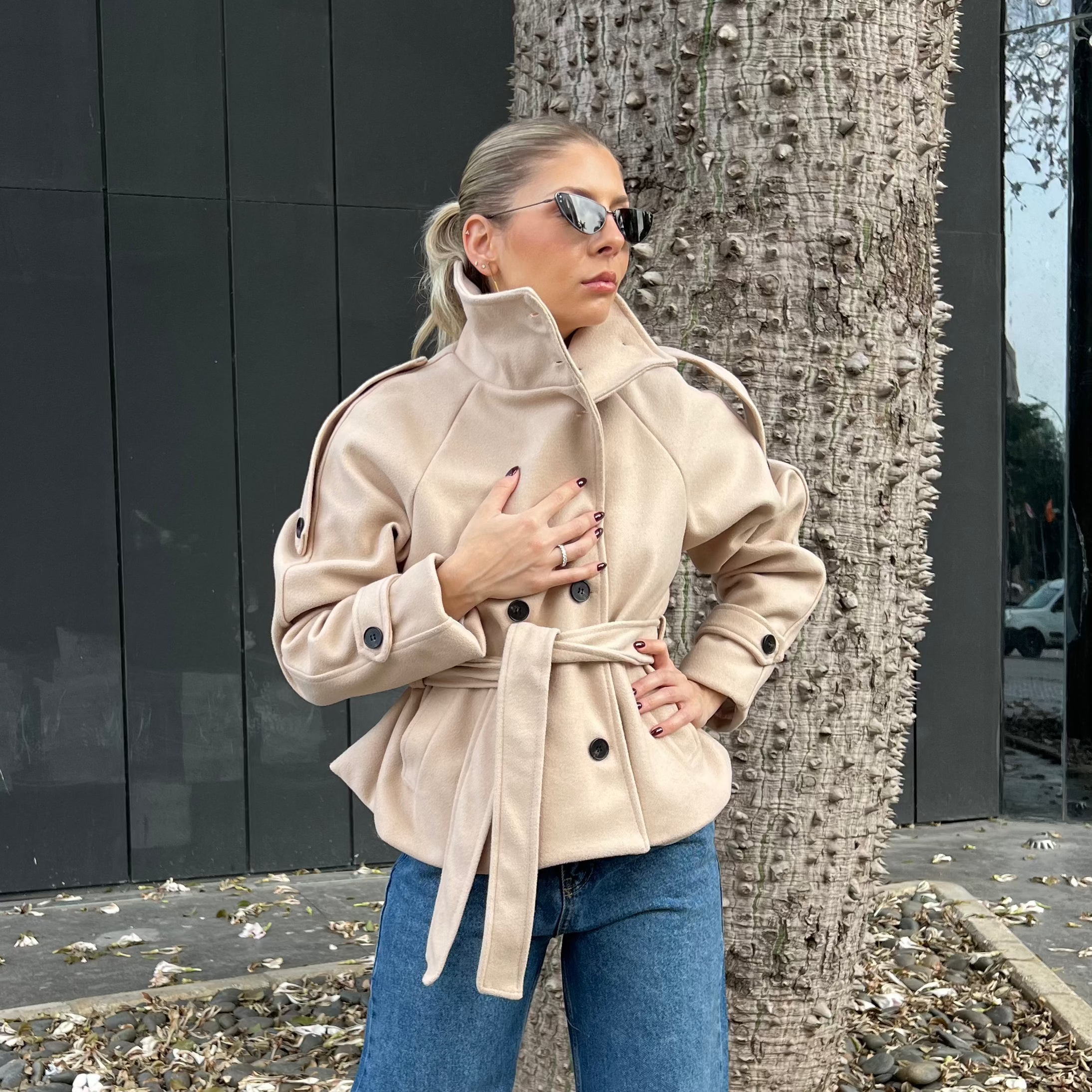 High-Neck Belted Wool Coat