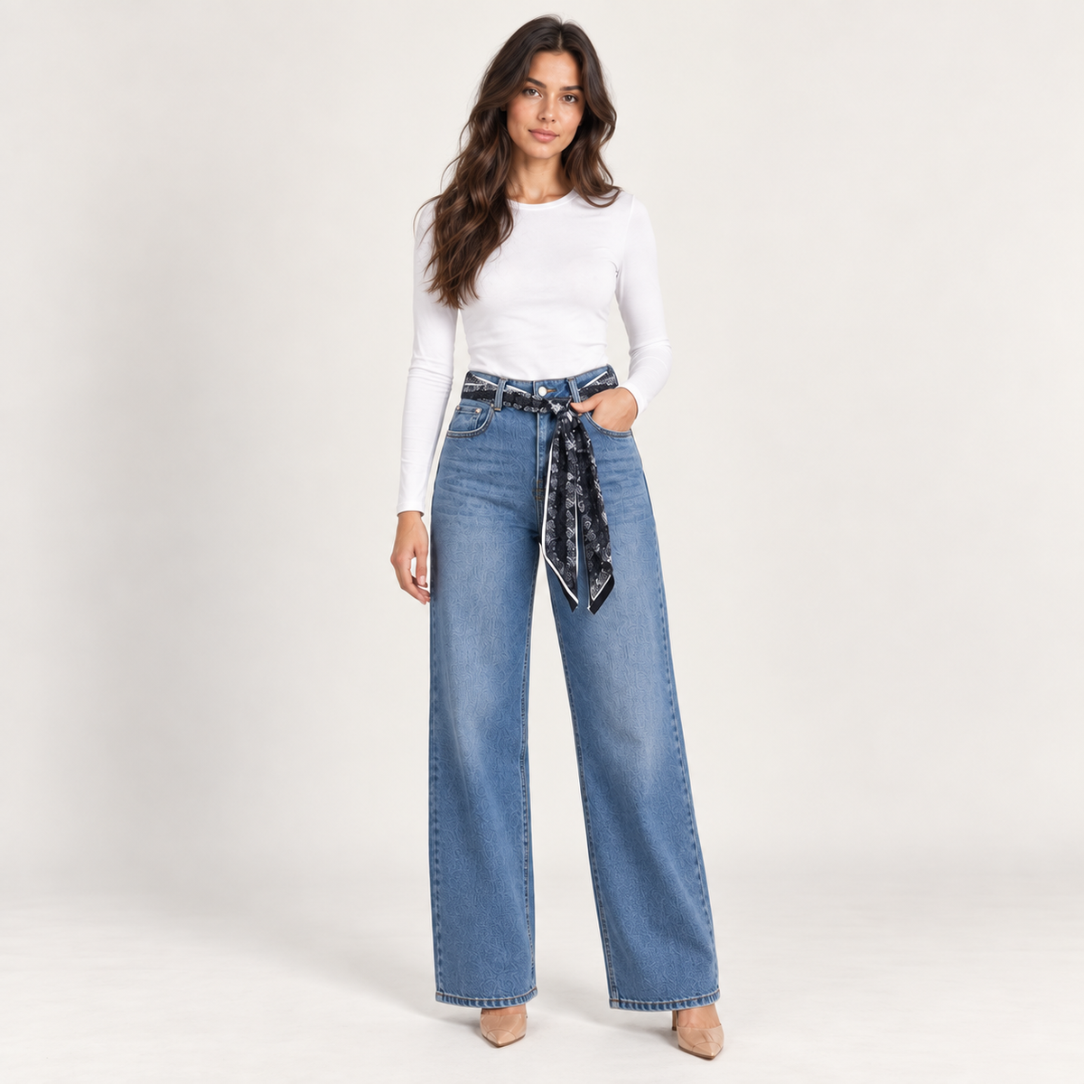 Light Blue Wide-Leg Jeans With Scarf Belt