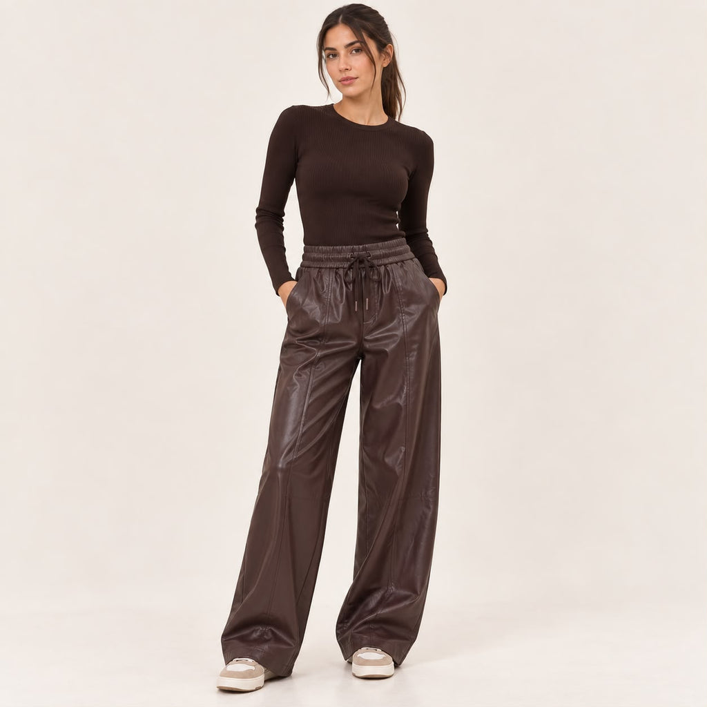 Faux Leather Wide-Leg Pants