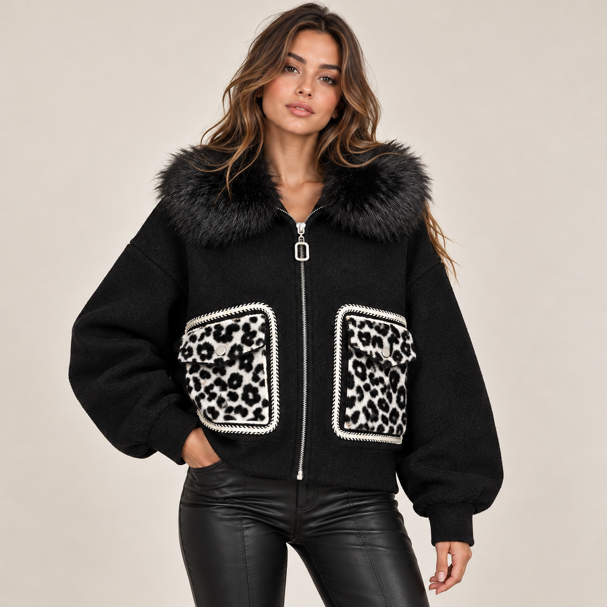 Faux Fur Collar Jacket With Leopard Pockets