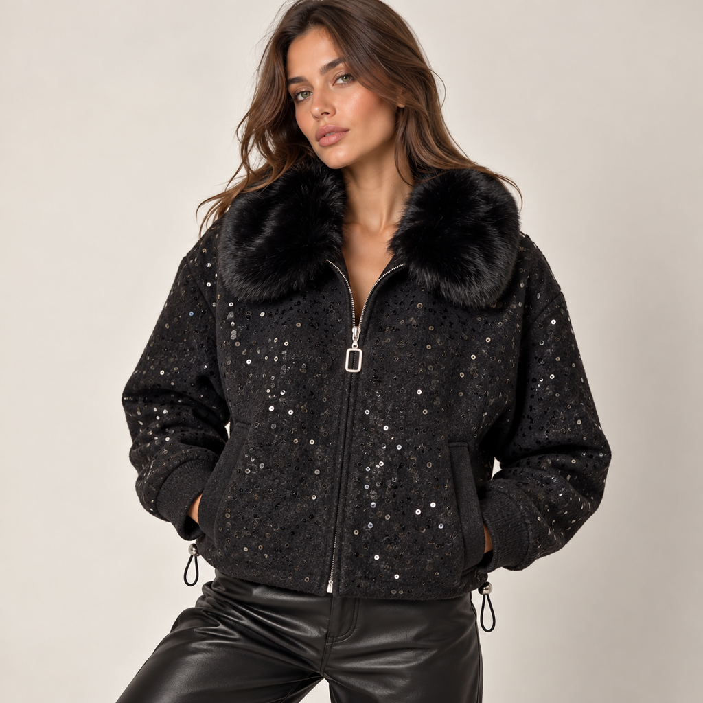 Sequin Bomber Jacket With Faux Fur Collar