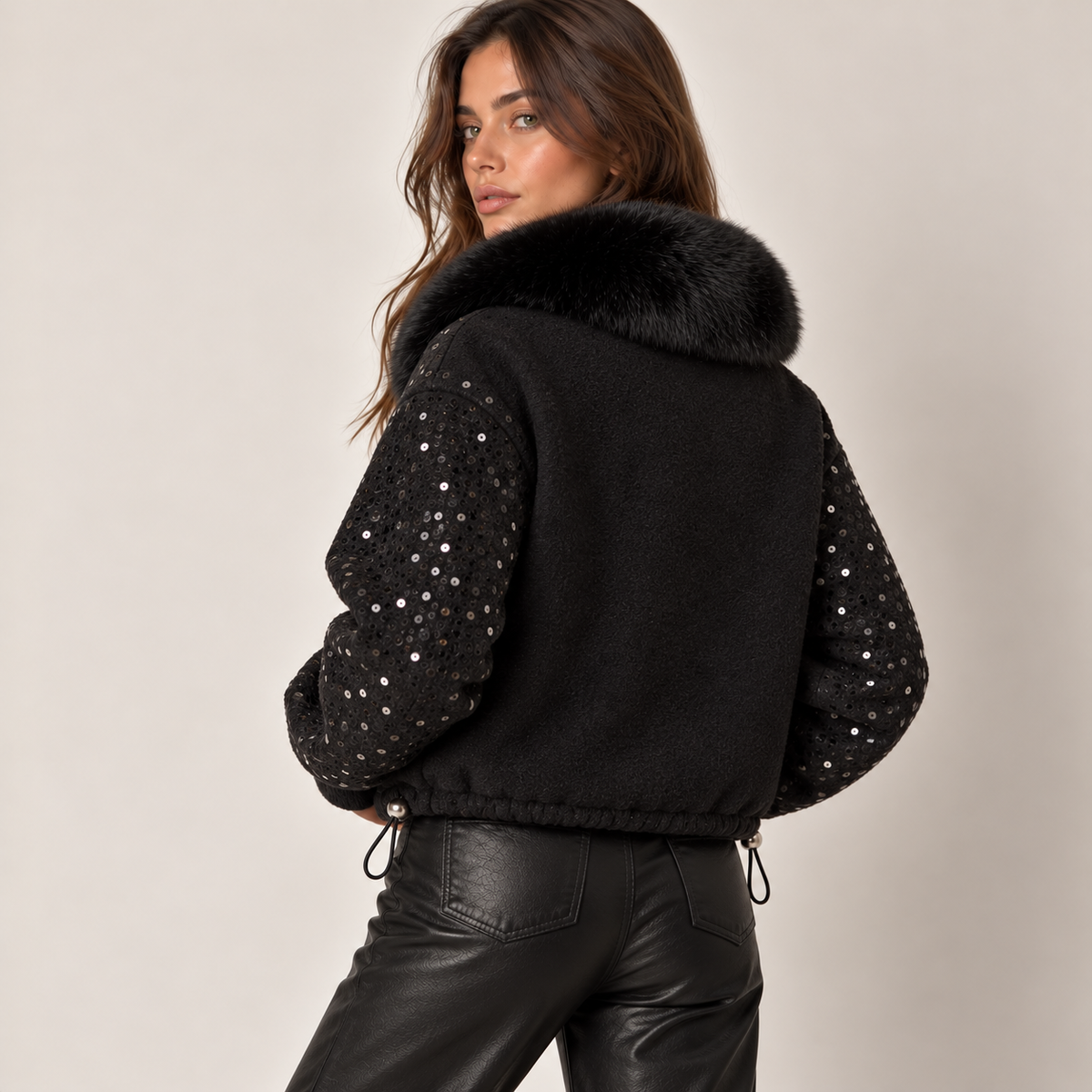 Sequin Bomber Jacket With Faux Fur Collar