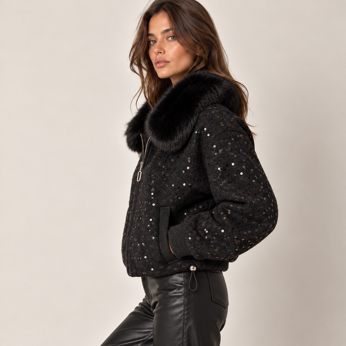 Sequin Bomber Jacket With Faux Fur Collar