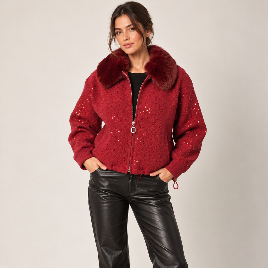 Sequin Bomber Jacket With Faux Fur Collar