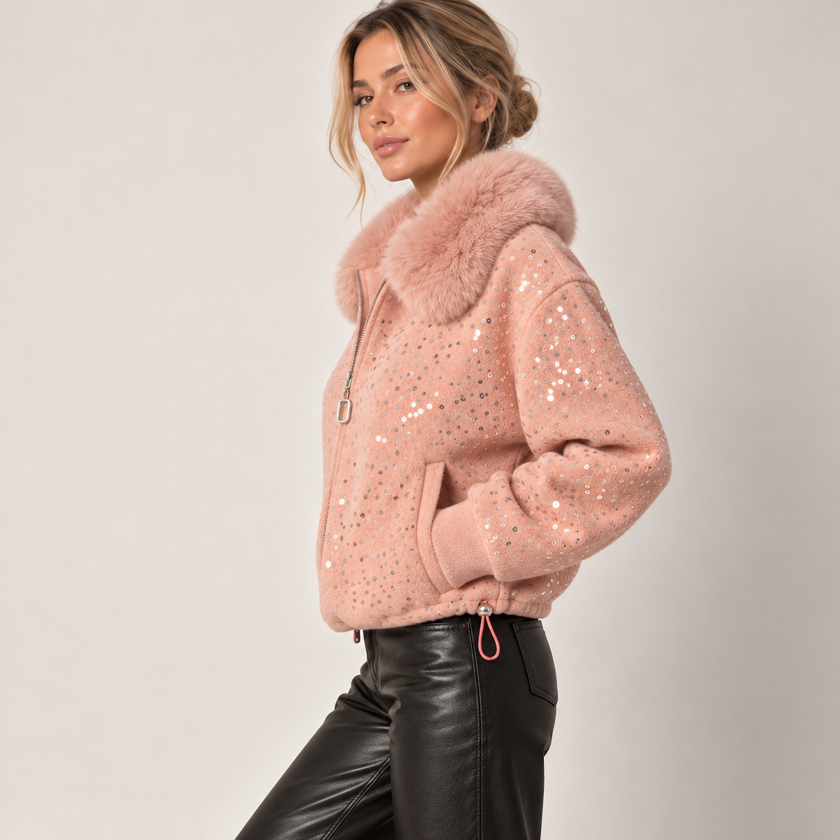 Sequin Bomber Jacket With Faux Fur Collar