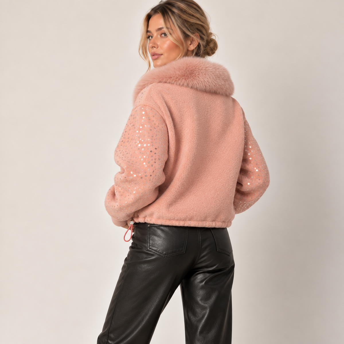 Sequin Bomber Jacket With Faux Fur Collar