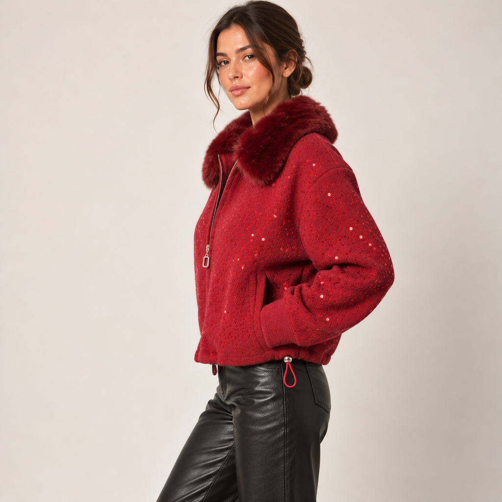 Sequin Bomber Jacket With Faux Fur Collar