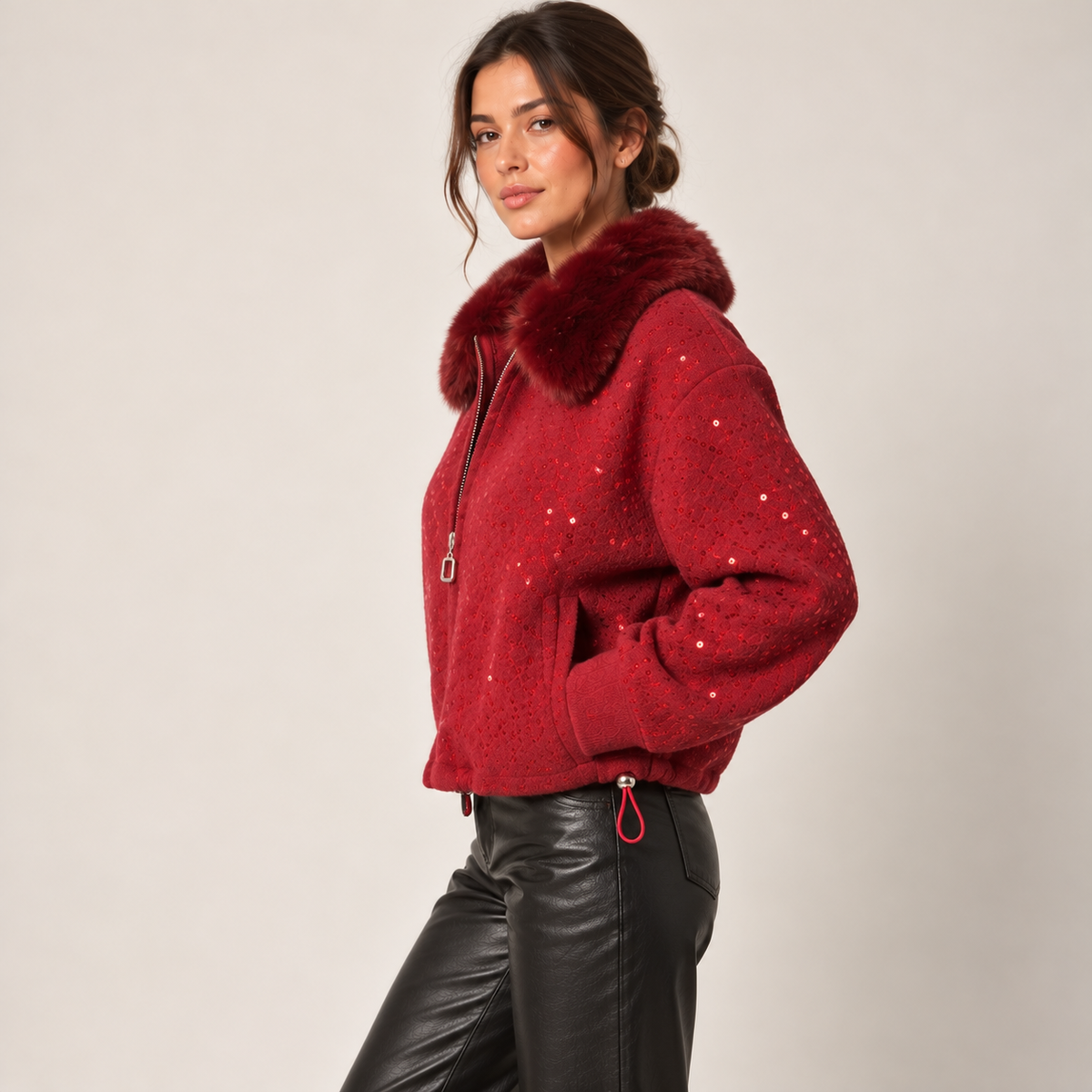 Sequin Bomber Jacket With Faux Fur Collar