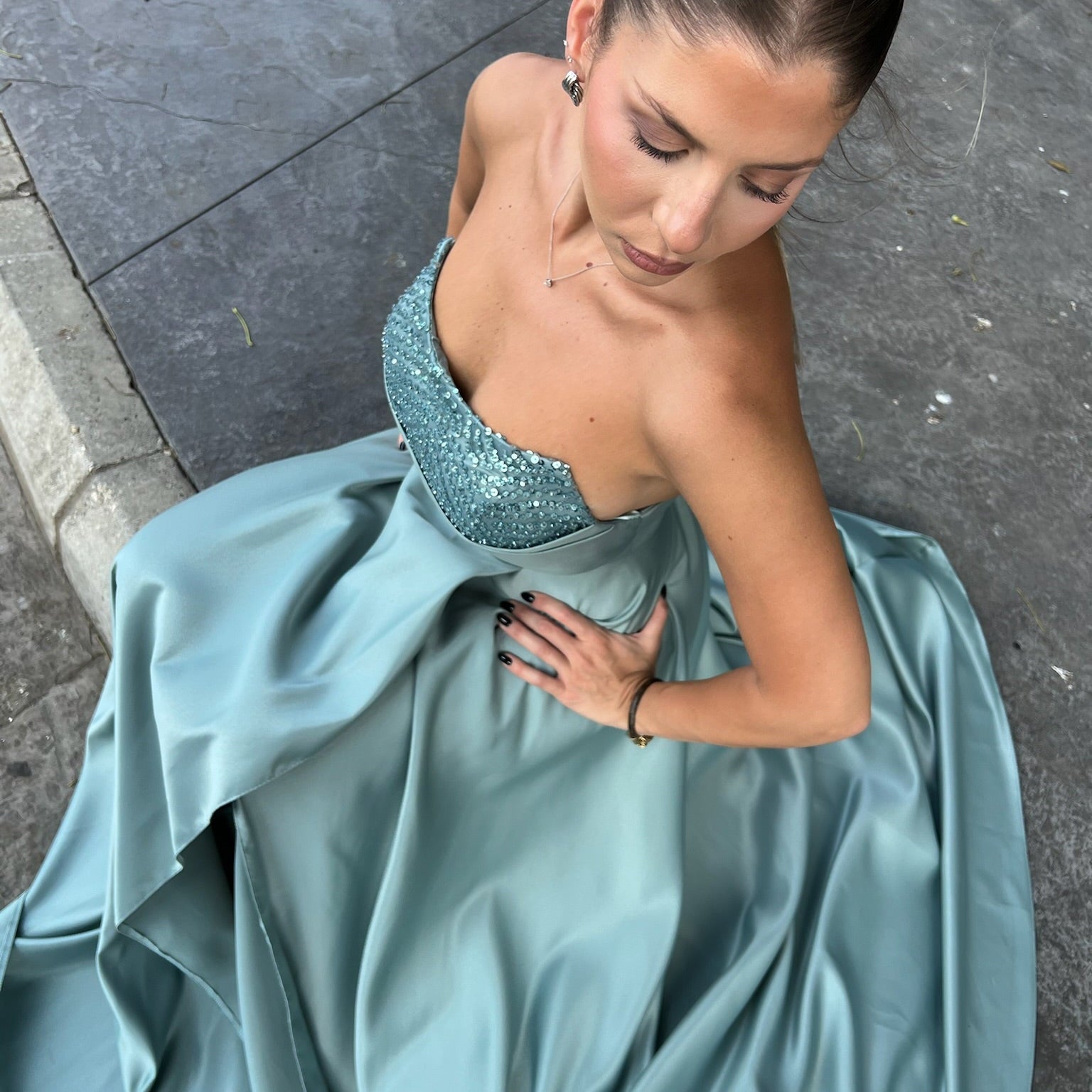Satin strapless mint dress