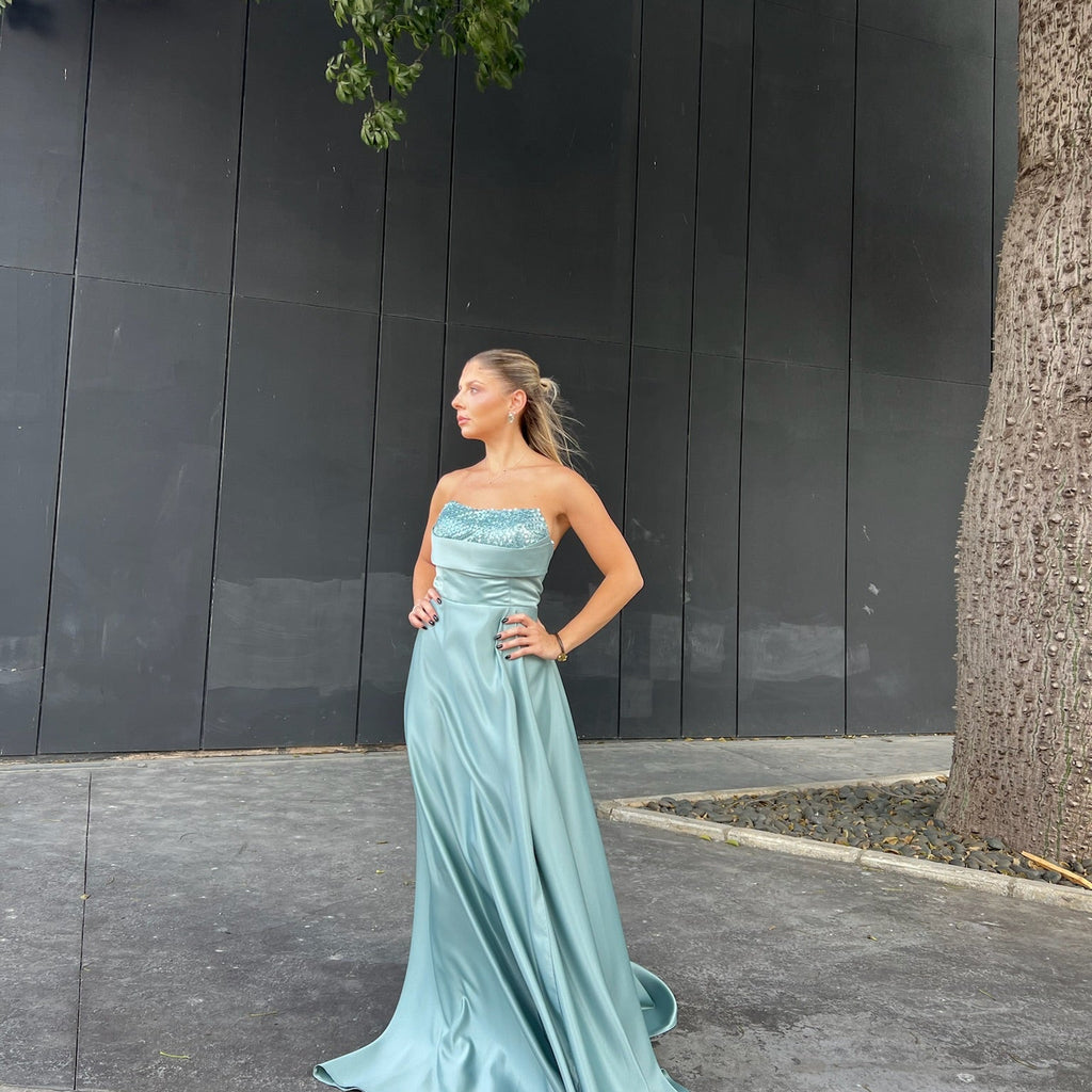 Satin strapless mint dress