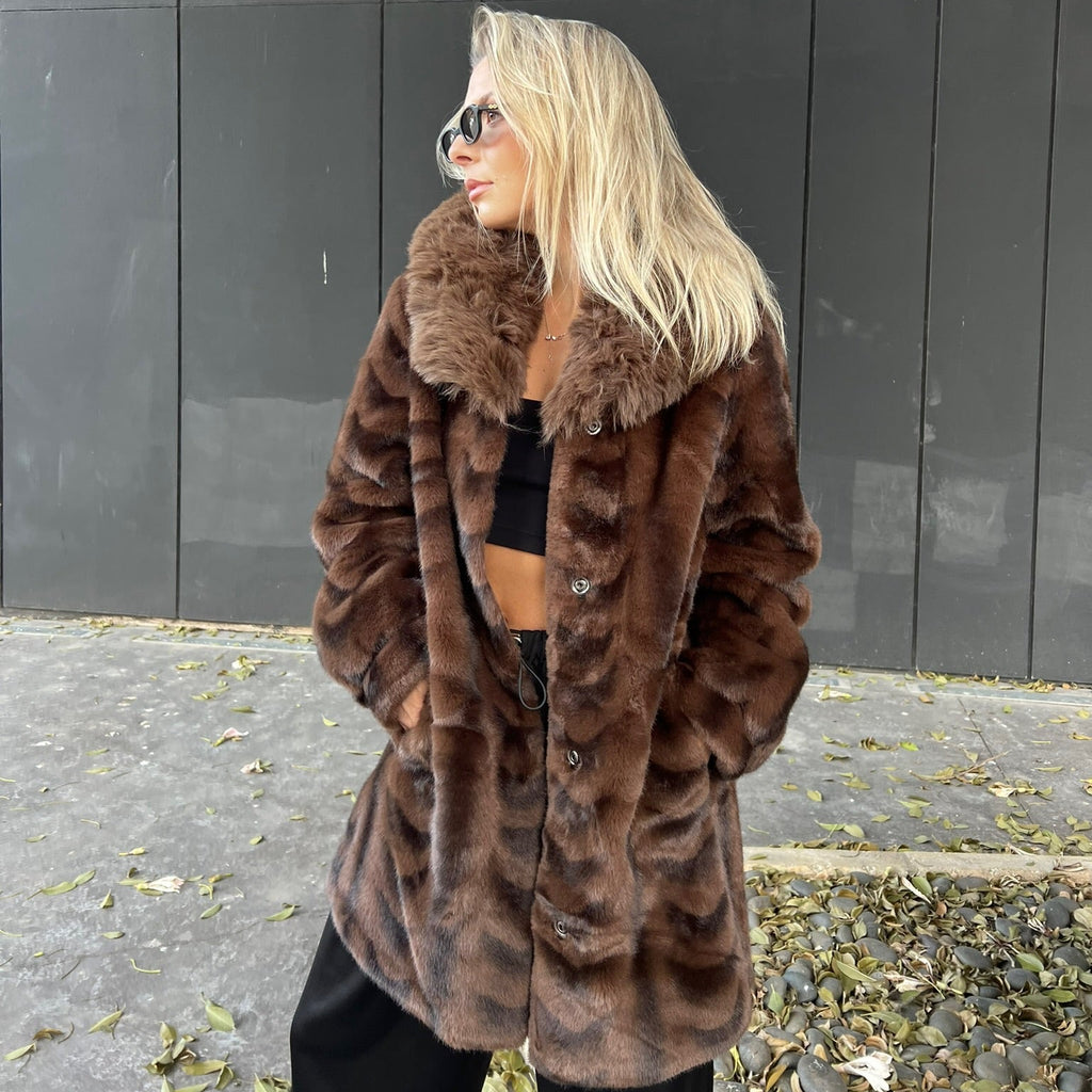 Brown cheetah faux fur coat
