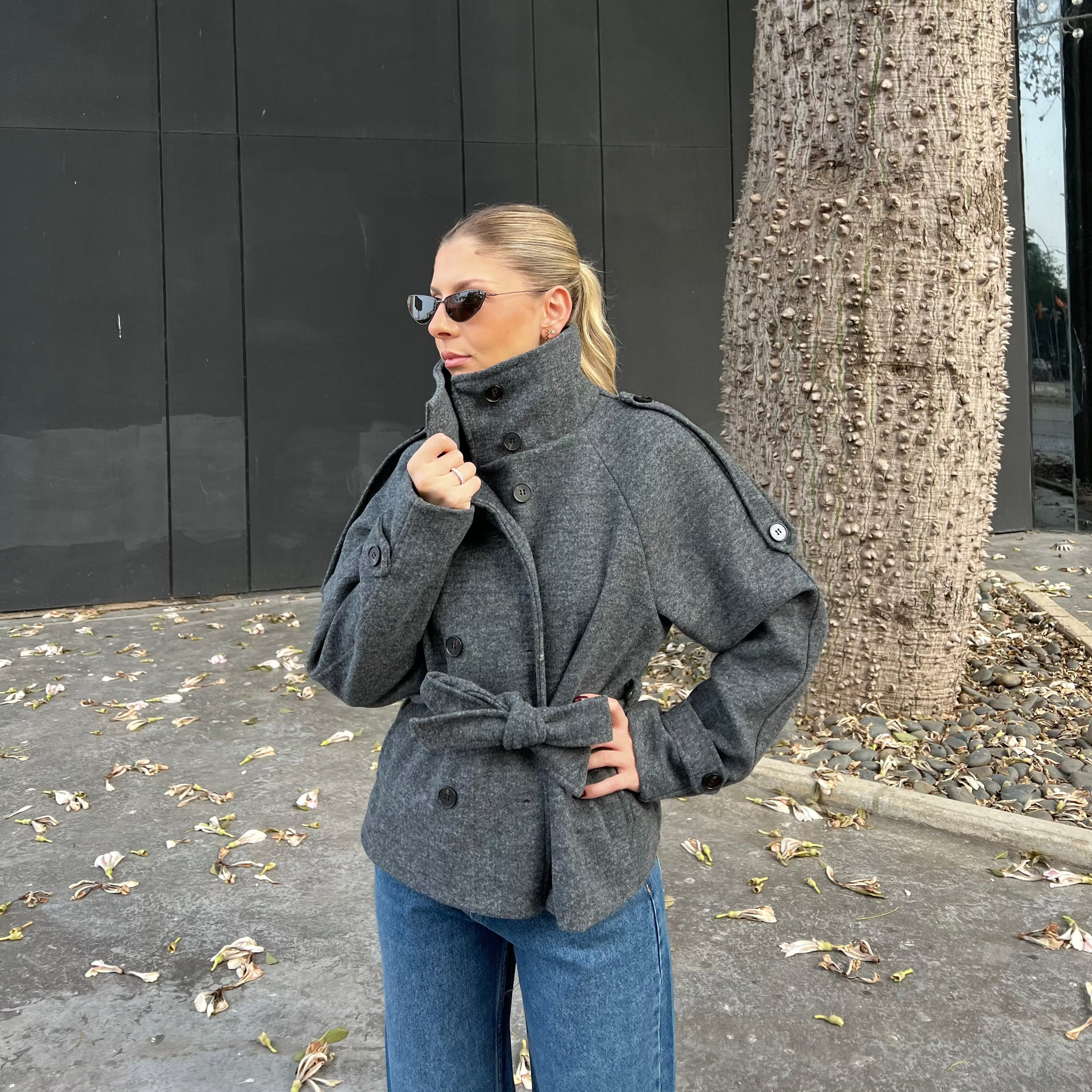 High-Neck Belted Wool Coat