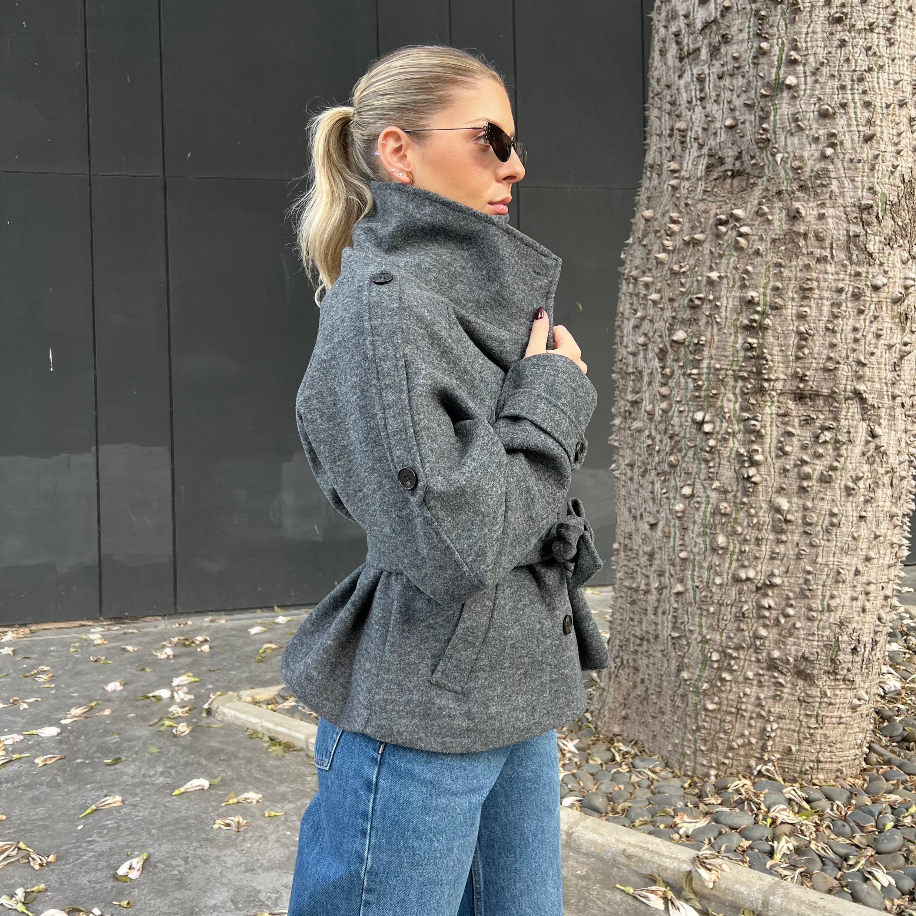 High-Neck Belted Wool Coat