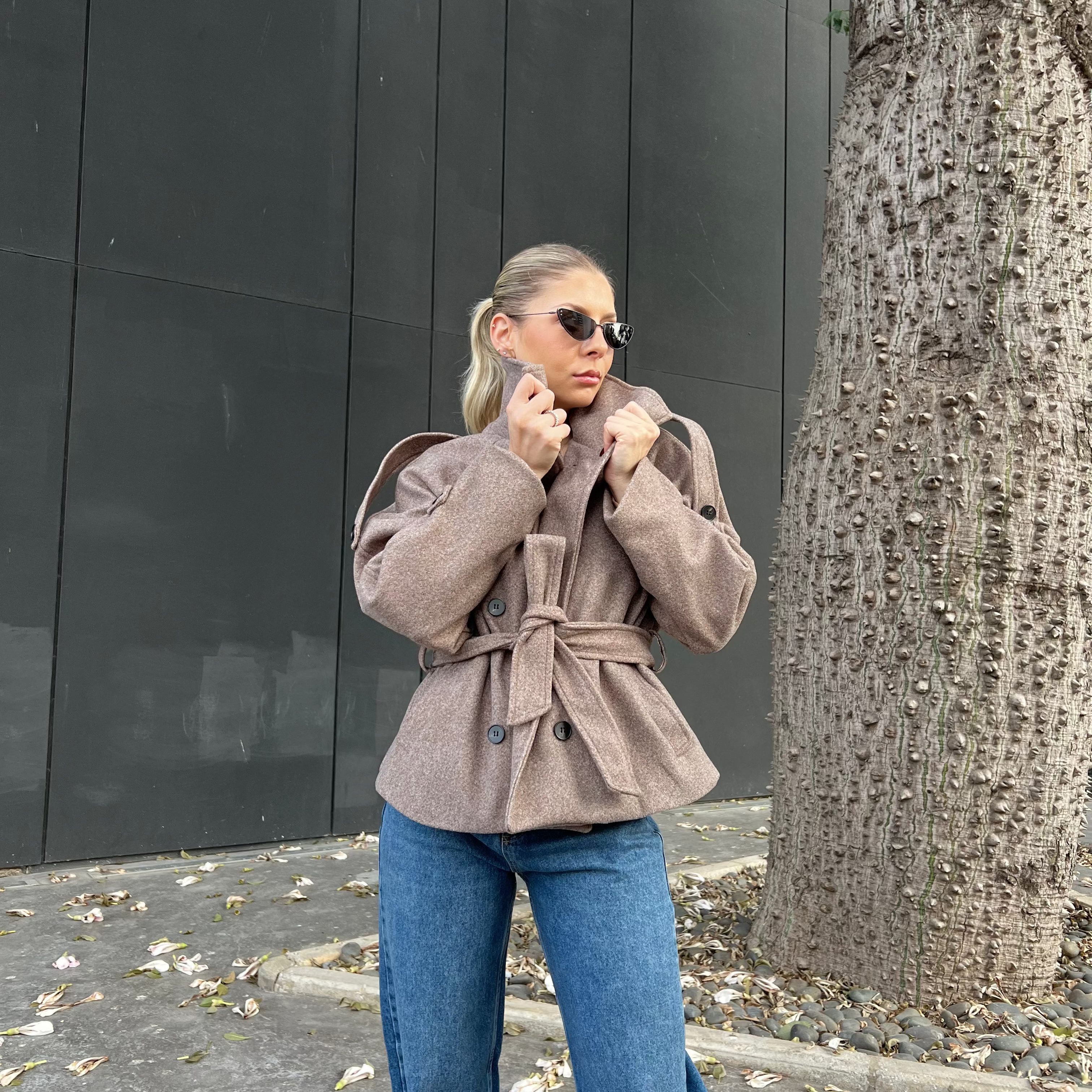 High-Neck Belted Wool Coat