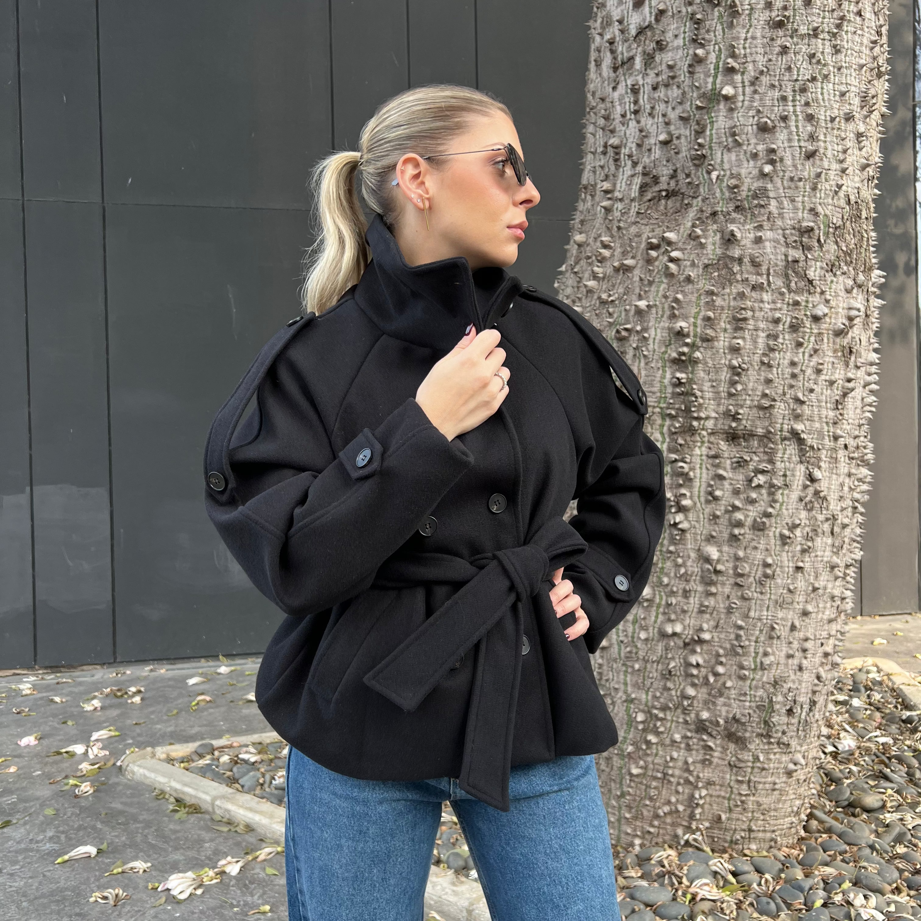 High-Neck Belted Wool Coat