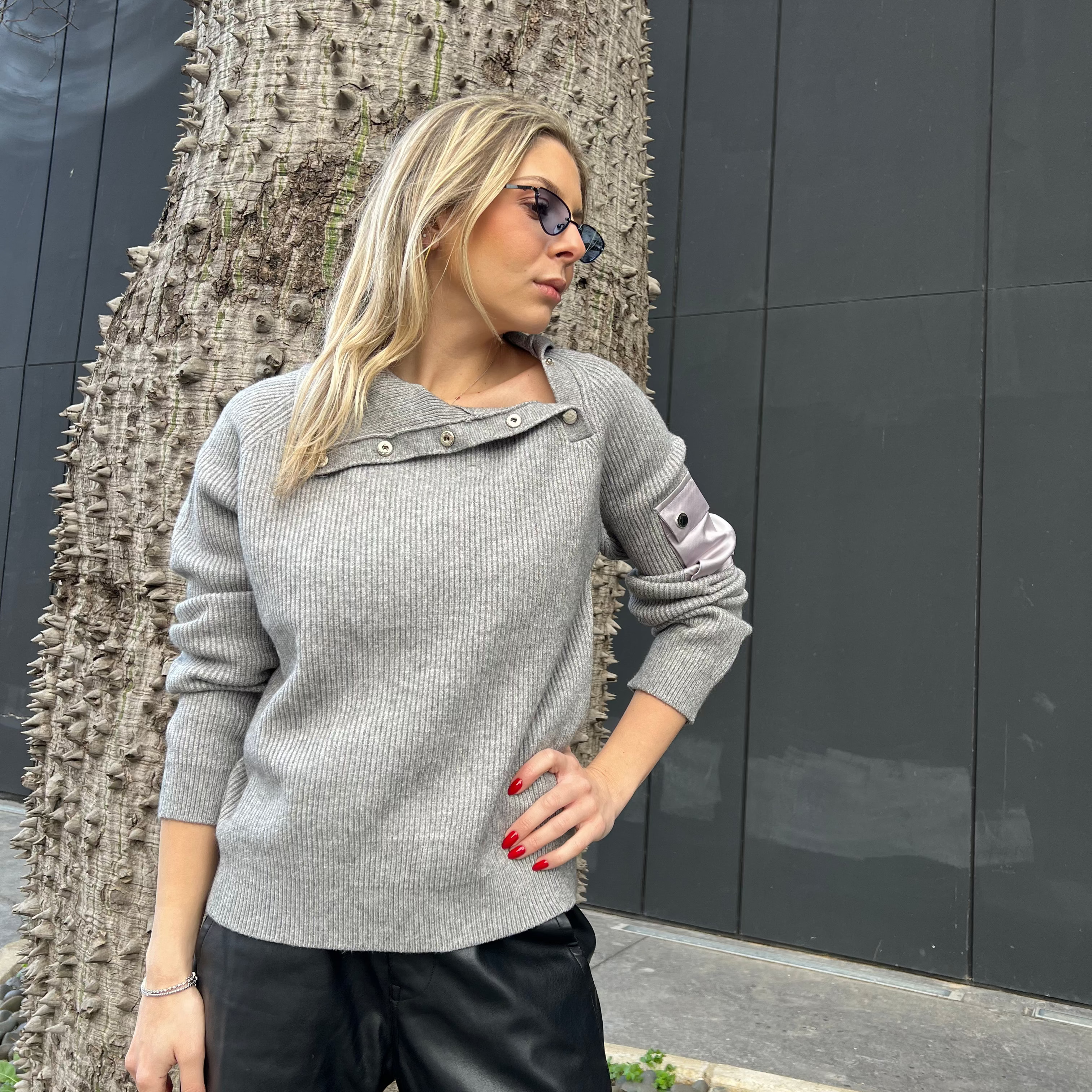 Asymmetrical Button Detail Knit Sweater