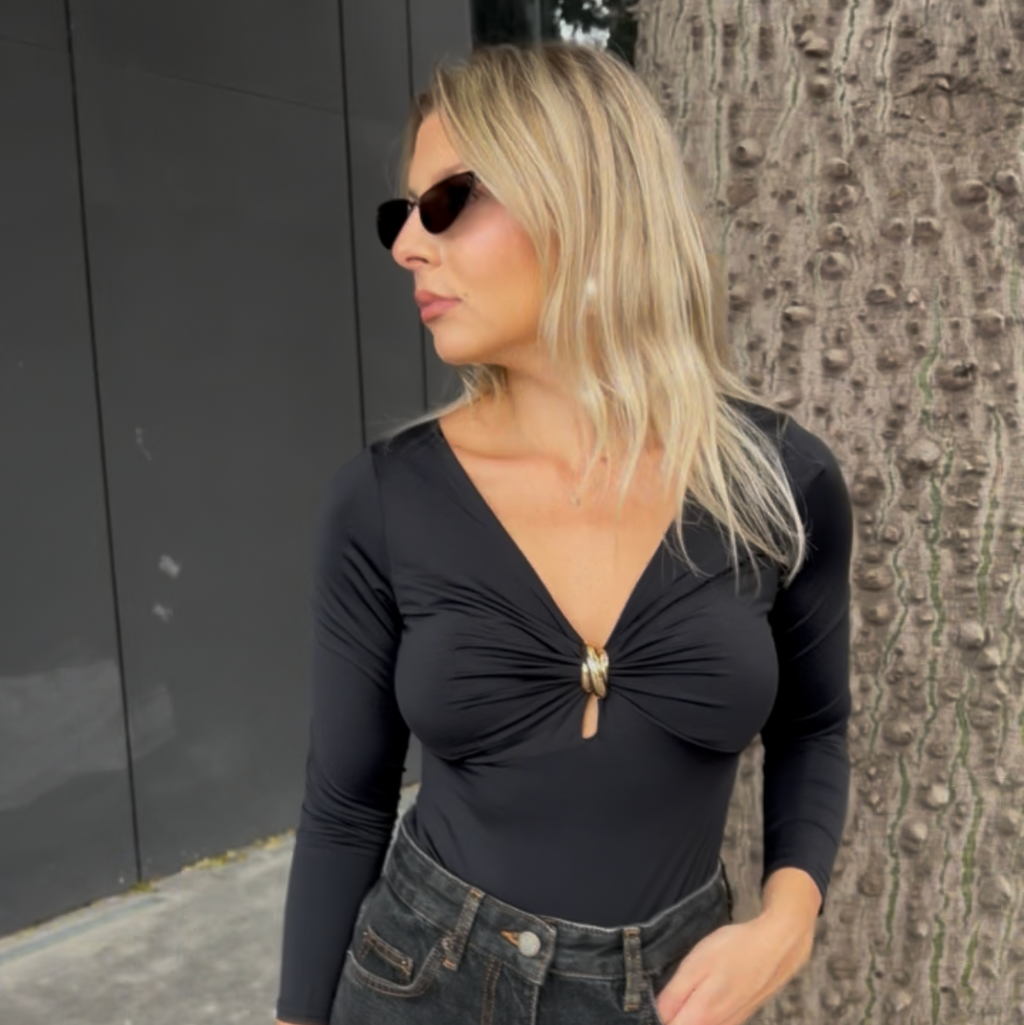 Black bodysuit with gold accent