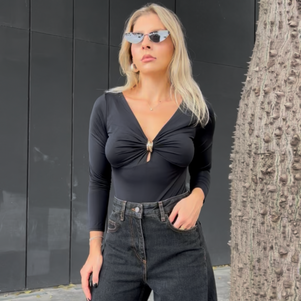 Black bodysuit with gold accent