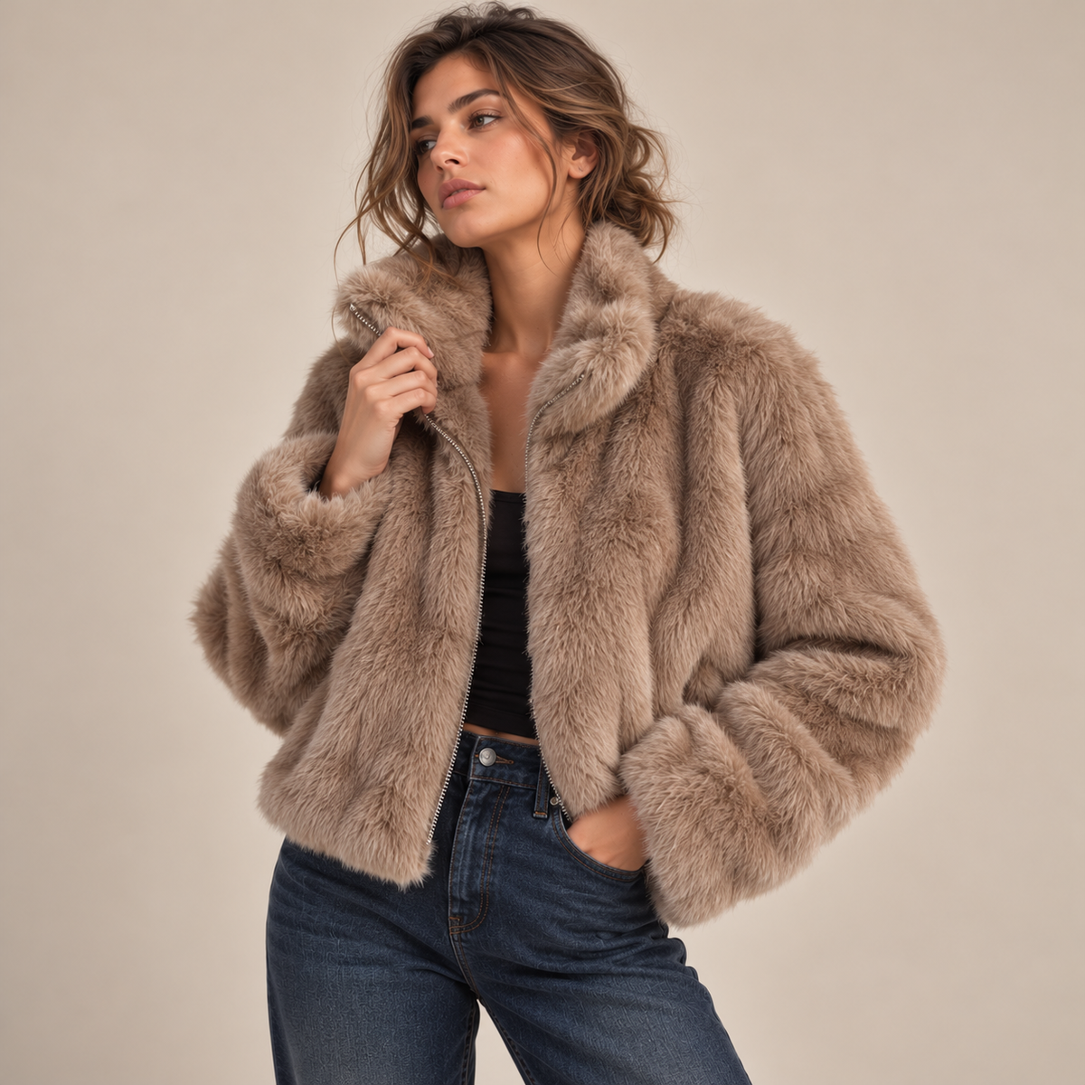 Cropped Faux Fur Zip-Up Jacket