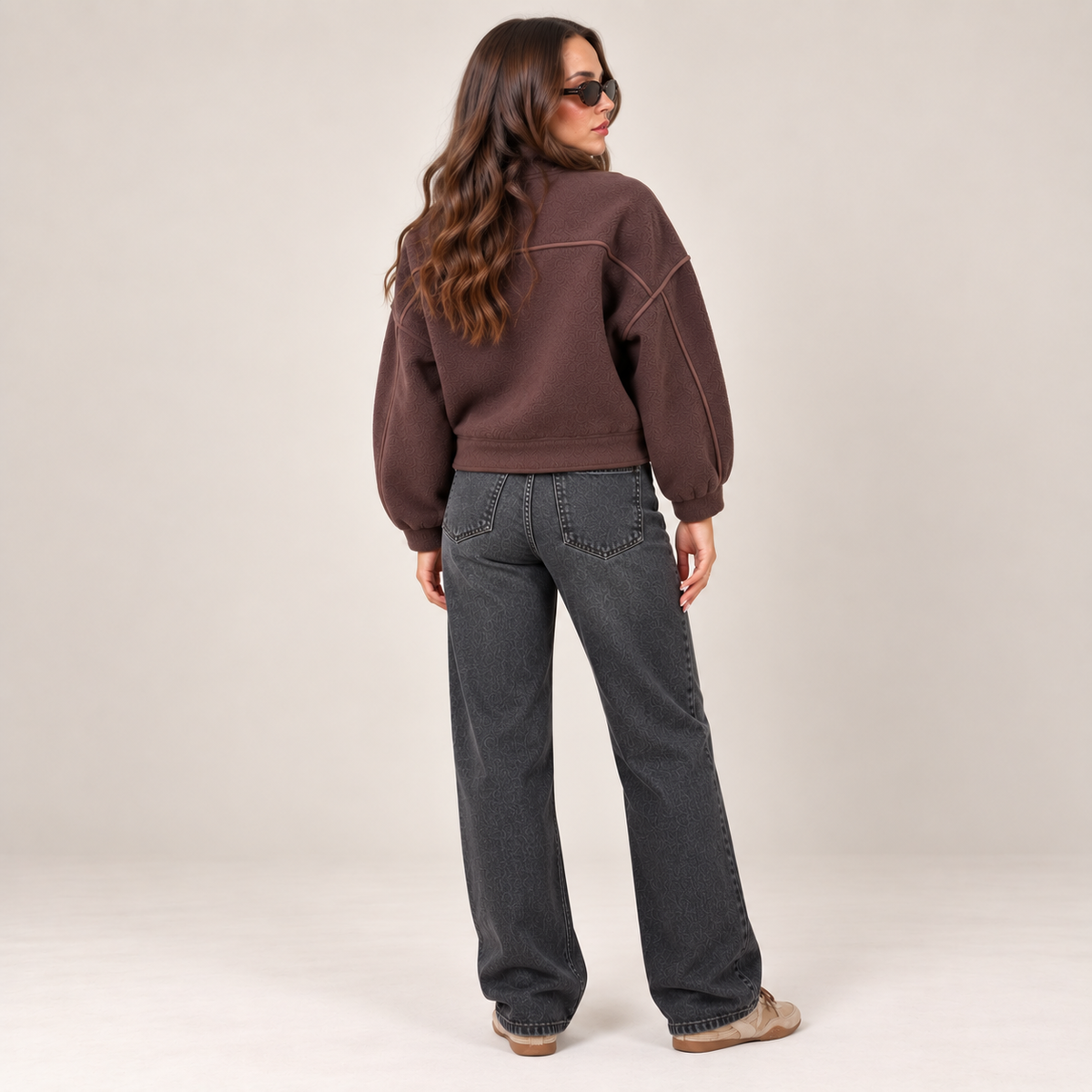 Cropped Piping Detail Jacket in Brown, back view