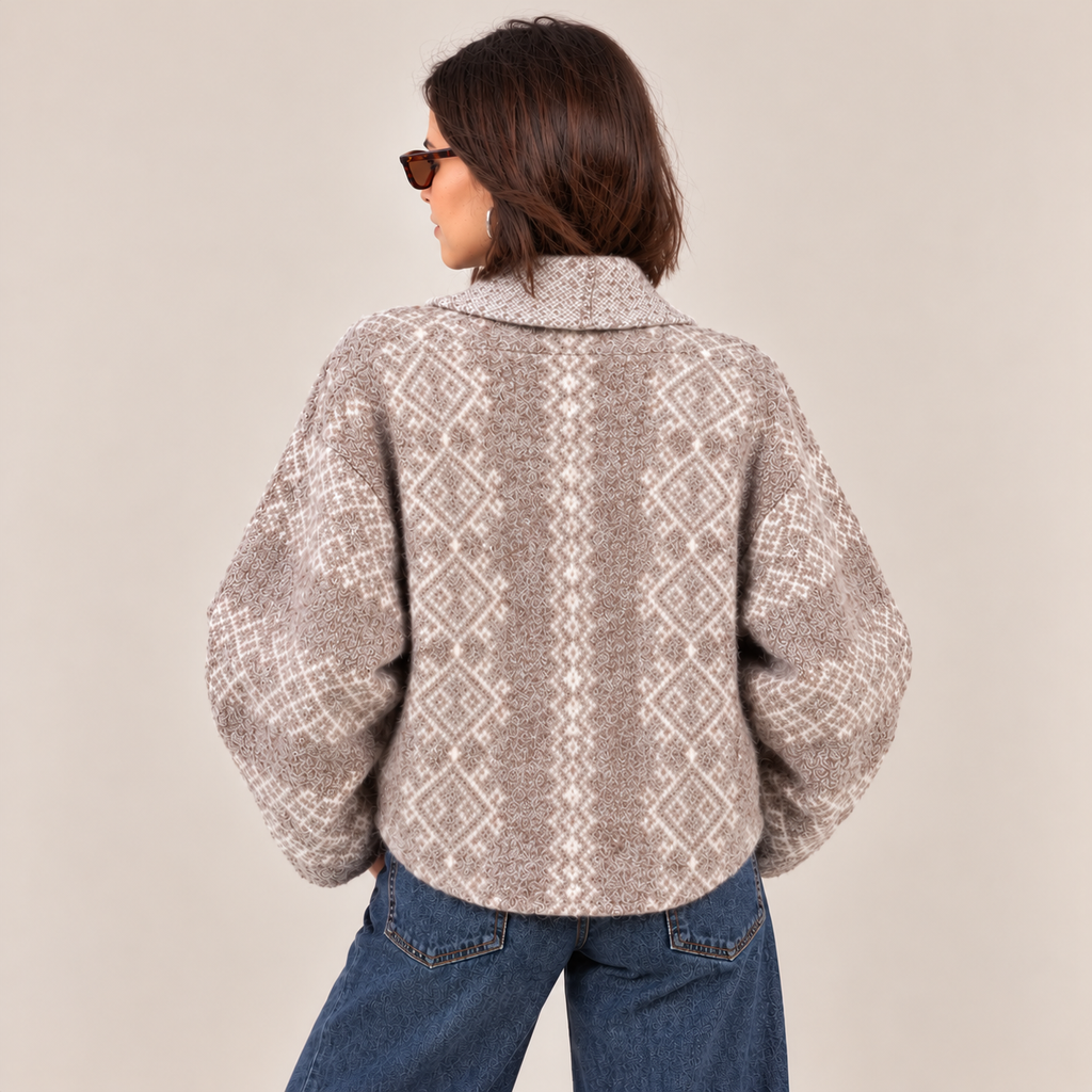 Nordic Knit Shawl Collar Cardigan in Beige and White, back view