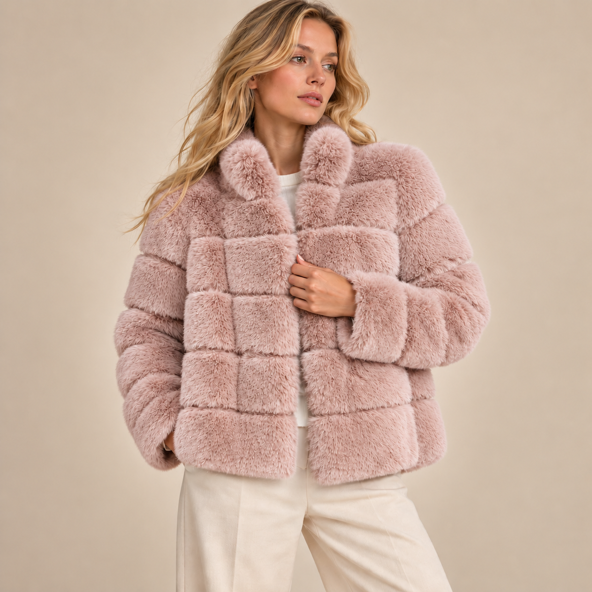 Panelled Faux Fur Jacket With Stand Collar in Baby Pink, model front view