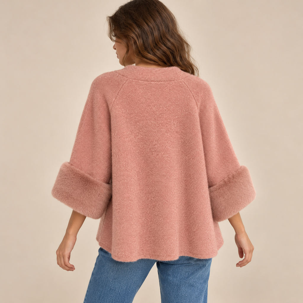 Knit Cape Jacket With Faux Fur Cuffs in Pink, model back view