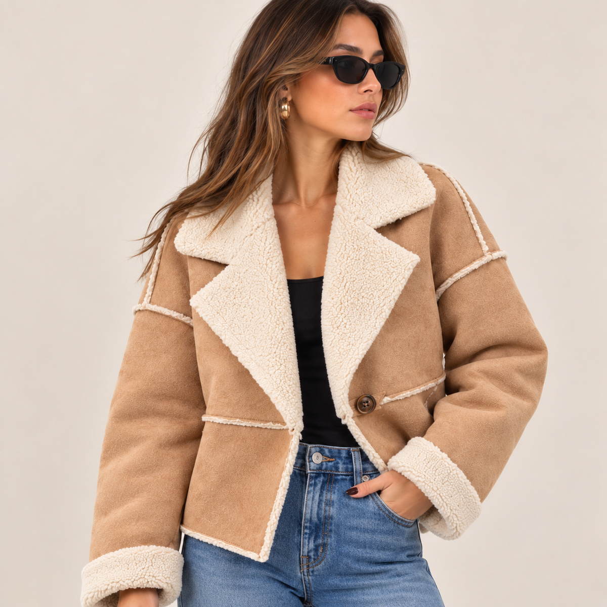 Suede-Effect Jacket With Faux Shearling Collar in Beige, front view