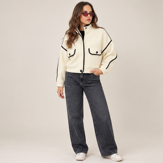 Cropped Piping Detail Jacket in White, front view