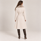 Belted Faux Fur Collar Coat With Contrast Piping in Cream, back view