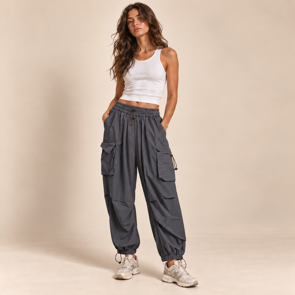 Ruched-Knee Utility Cargo Pants in Grey, front view