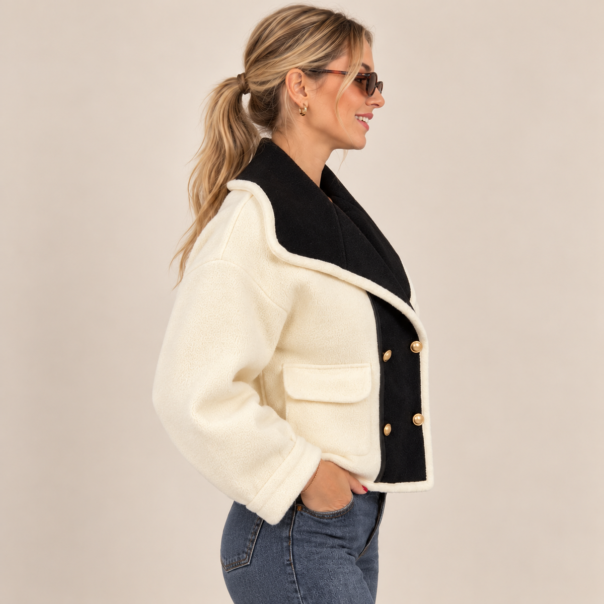 Two-Tone Double-Breasted Cropped Jacket in White, side view