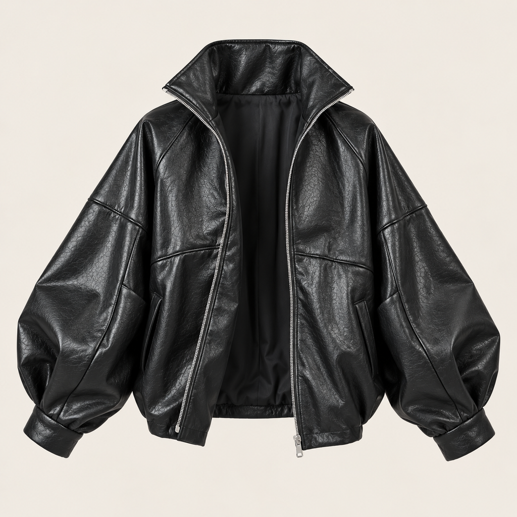 Oversized Faux Leather Bomber Jacket in Black, product view