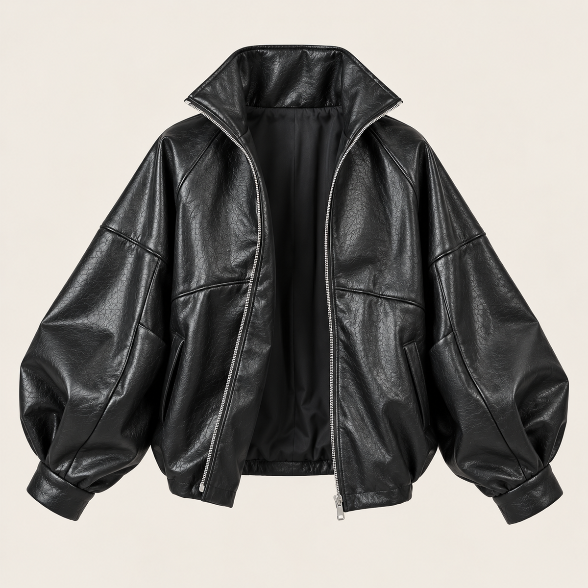 Oversized Faux Leather Bomber Jacket in Black, product view